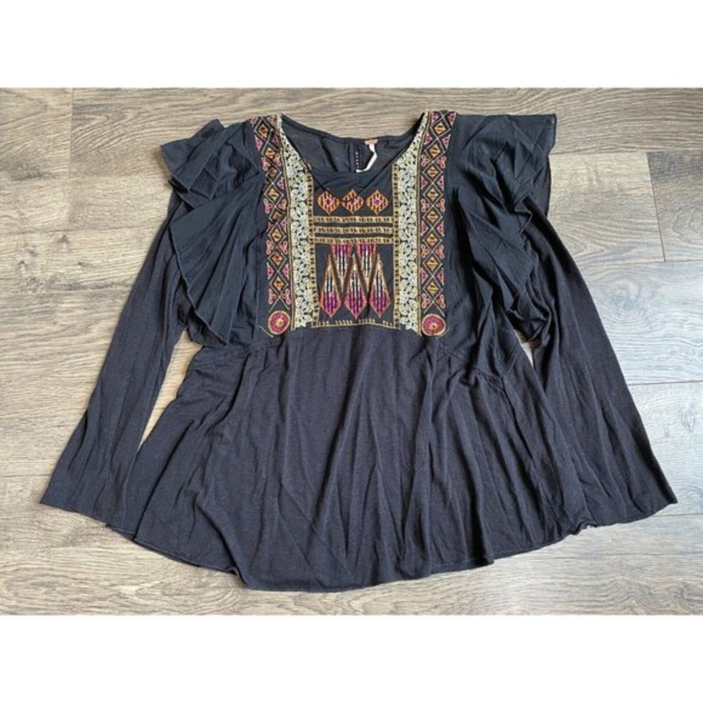 Womens Free People ruffle Embroidered mesh long sleeve blouse linen blend‎ sz XS